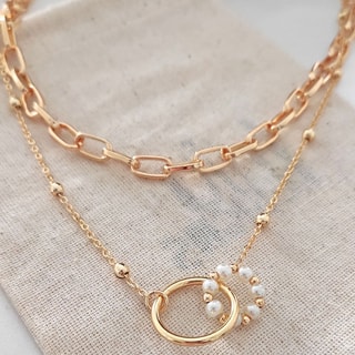 Collier double - Laiton plaqué or & perles synthétiques multicolores