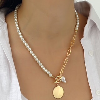 Collier - Laiton plaqué or & perles blanches