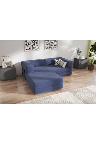 Sofá convertível com pufe Smart - Azul-marinho - 2 lugares - Em tecido veludo