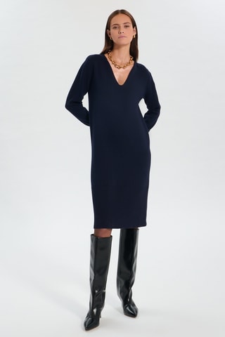 Vestido direito em lã - Azul-marinho