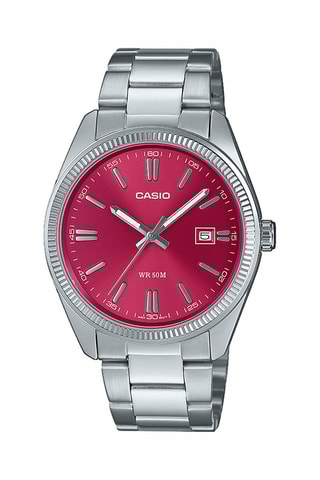 Stalen Quartz Horloge Timeless - Zilverkleurig en Frambozenrood