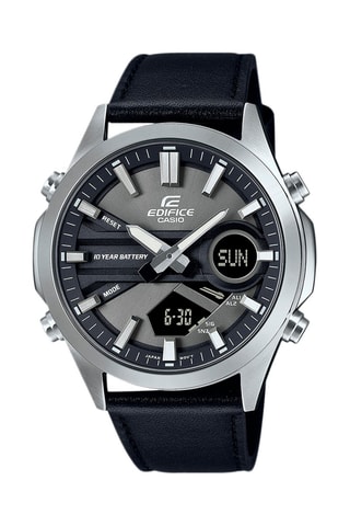 Leren Analoog-digitaal Quartz Horloge - Zwart en Zilverkleurig