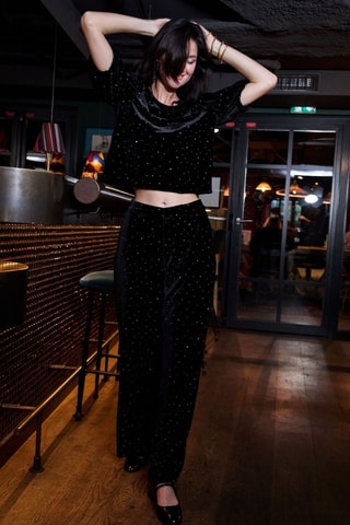 Calças direitas em veludo Paillete - Preto