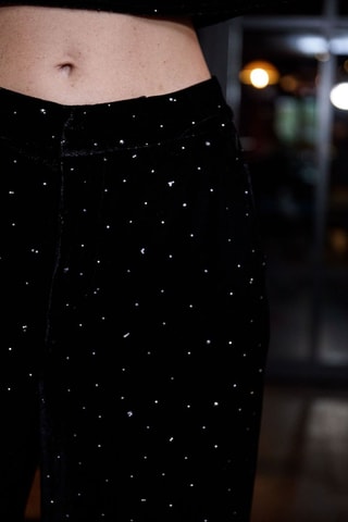 Calças direitas em veludo Paillete - Preto