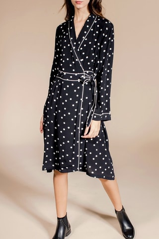 Vestido estilo envelope Roinita Preto e cru