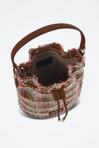 Sac seau en cuir de veau et tweed Clio - Rose clair et cognac