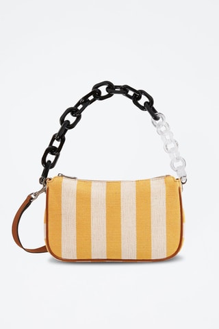 Sac bandoulière en jute et cuir de veau Moon S - Blanc et orange