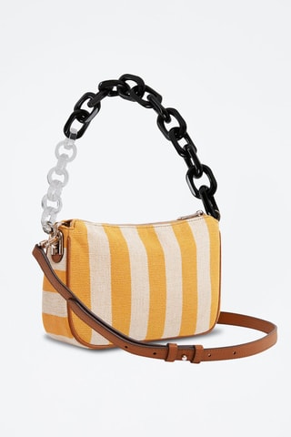 Sac bandoulière en jute et cuir de veau Moon S - Blanc et orange