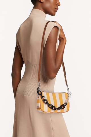 Sac bandoulière en jute et cuir de veau Moon S - Blanc et orange