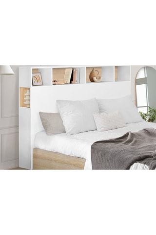 Cabeceira de cama com arrumações Léo - Imitação madeira e branco