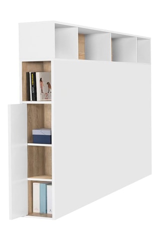 Cabeceira de cama com arrumações Léo - Imitação madeira e branco