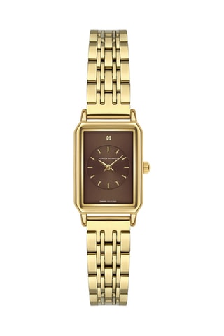 Stalen Quartz Horloge met Diamant - Goudkleurig en Bruin