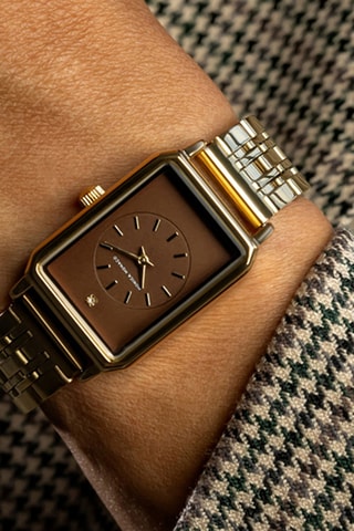 Stalen Quartz Horloge met Diamant - Goudkleurig en Bruin