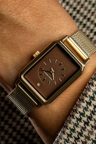 Stalen Quartz Horloge met Diamant - Goudkleurig en Bruin