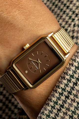 Stalen Quartz Horloge met Diamant - Goudkleurig en Bruin