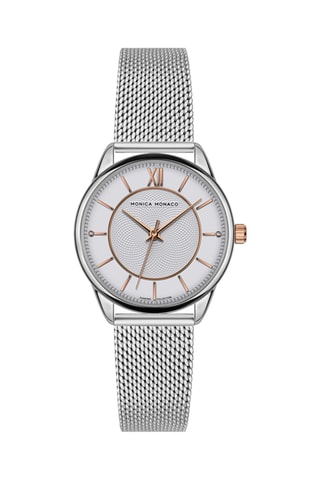 Stalen & Diamanten Quartz Horloge - Zilverkleurig en Wit - Monica Monaco