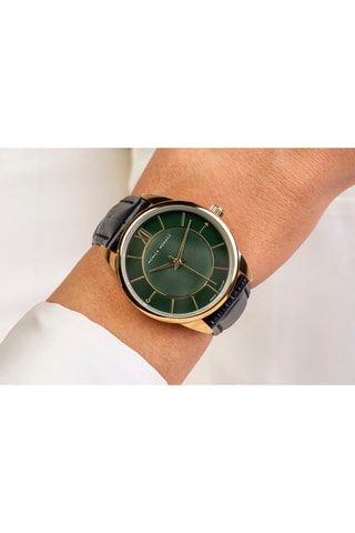 Leren Quartz Horloge met Diamant - Zwart en Goudkleurig - Monica Monaco