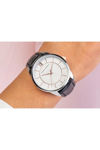 Leren Quartz Horloge met Diamant - Zwart en Zilverkleurig - Monica Monaco
