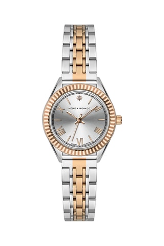 Stalen Quartz Horloge met Diamant - Zilverkleurig en Roségoudkleurig - Monica Monaco