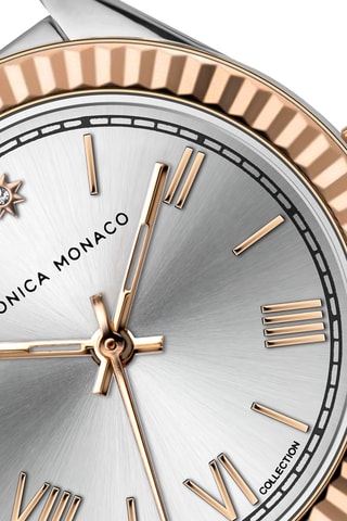Stalen Quartz Horloge met Diamant - Zilverkleurig en Roségoudkleurig - Monica Monaco