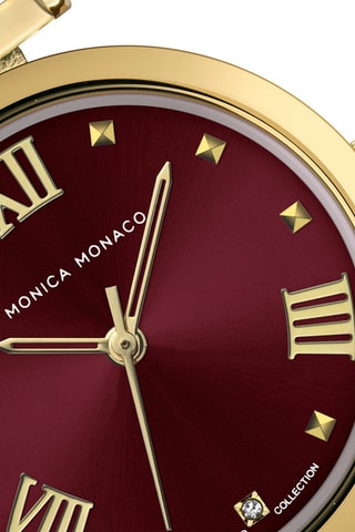 Stalen & Diamanten Quartz Horloge - Goudkleurig en Bordeauxrood - Monica Monaco