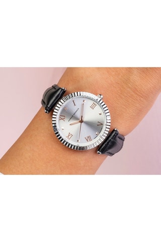 Leren Quartz Horloge met Diamant - Zwart en Zilverkleurig - Monica Monaco