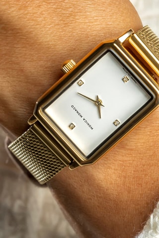 Stalen Quartz Horloge met Diamant - Goudkleurig en Wit