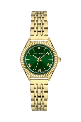 Stalen Quartz Horloge met Diamant - Goudkleurig en Donkergroen - Monica Monaco