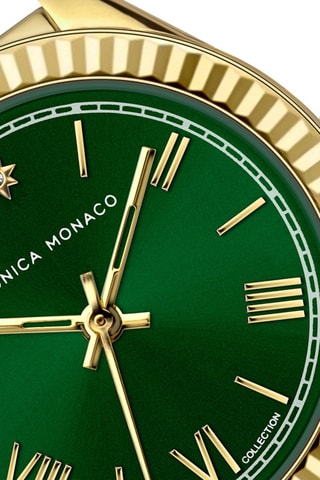 Stalen Quartz Horloge met Diamant - Goudkleurig en Donkergroen - Monica Monaco
