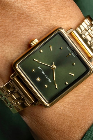 Stalen Quartz Horloge met Diamant - Goudkleurig en Groen