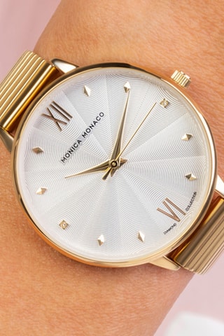 Stalen & Diamanten Quartz Horloge - Goudkleurig en Zilverkleurig - Monica Monaco