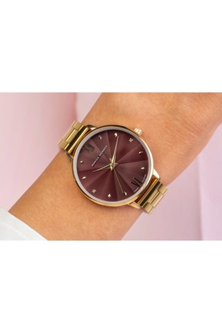 Stalen & Diamanten Quartz Horloge - Goudkleurig en Bordeauxrood - Monica Monaco