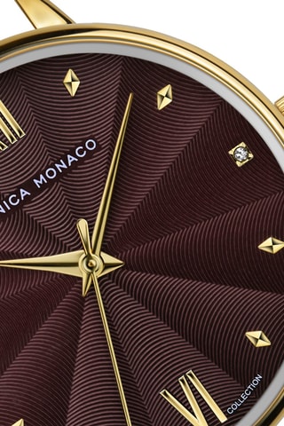 Stalen & Diamanten Quartz Horloge - Goudkleurig en Bordeauxrood - Monica Monaco