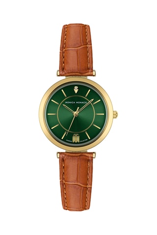 Leren Quartz Horloge met Diamant - Bruin en Goudkleurig - Monica Monaco