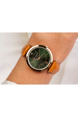 Leren Quartz Horloge met Diamant - Bruin en Goudkleurig - Monica Monaco