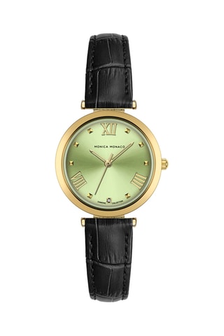 Leren Quartz Horloge met Diamant - Zwart en Goudkleurig - Monica Monaco