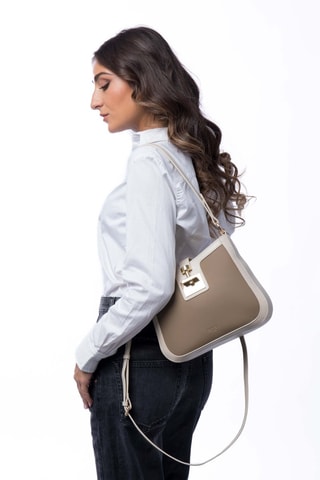 Sac porté épaule en cuir Expresso - Beige, doré et marron