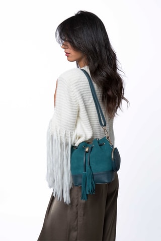 Mala bucket de couro fendido Rio Preto - Azul-pato