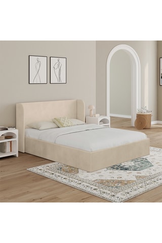 Cama com arrumação em veludo bege com sommier e cabeceira de cama 140x190cm