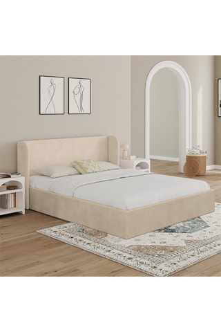 Cama com arrumação em veludo bege com sommier e cabeceira de cama 160x200cm