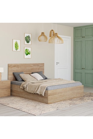 Cama com arrumação Sicilia com sommier e cabeceira de cama efeito madeira 140x190cm