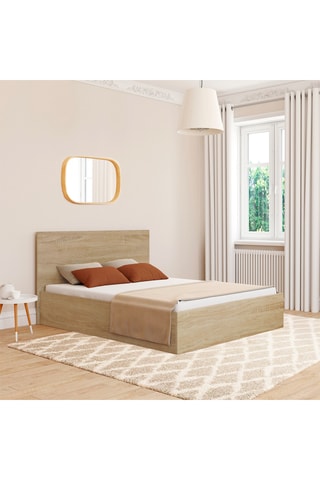 Cama com arrumação Sicilia com sommier e cabeceira de cama efeito madeira 160x200cm