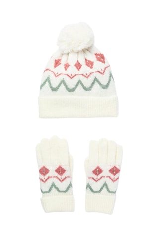 Bonnet à pompon et moufles - Blanc