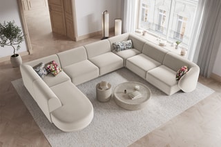 Canapé d'angle droit panoramique Lionel - Beige - 8 places - Revêtement en velours