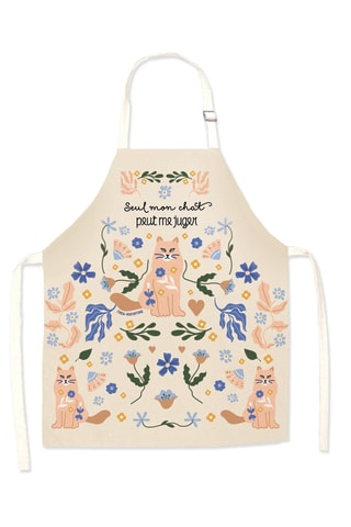 Avental em algodão biológico Seul mon chat peut me juger - Bege e azul-cobalto