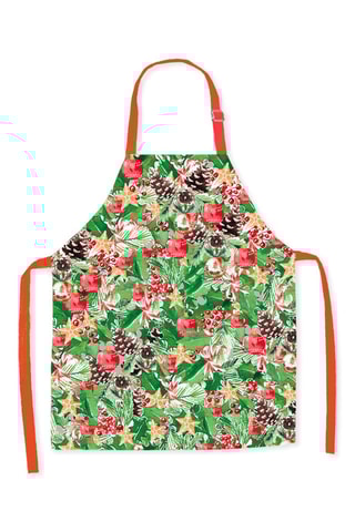 Avental em algodão biológico Noël floral - Verde-claro e vermelho