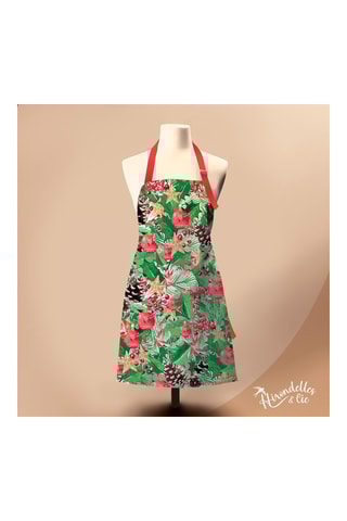 Avental em algodão biológico Noël floral - Verde-claro e vermelho