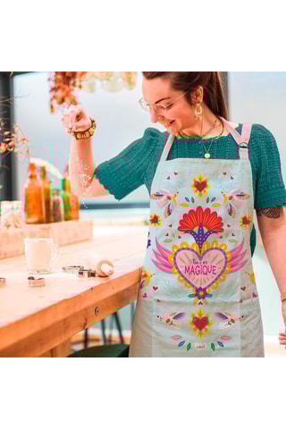 Avental em algodão biológico Tu es magique - Azul-celeste e vermelho