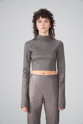 Pantalon droit en cuir d'agneau - Beige