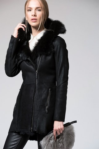 Manteau à capuche en peau de mouton - Noir